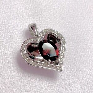 925 Sterling Silver Floating Heart Garnet Pendant with White Topaz Halo